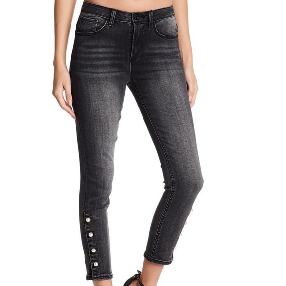 KENSIE Ankle Crop Pearl Accent High Rise Denim Jeans in Black - Picture 1 of 11